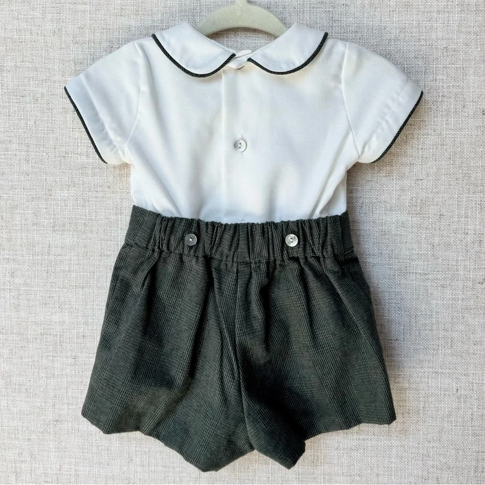 La Coqueta Olive Green Check Fantino Baby Boy Set Top with Shorts - Picture 2 of 4